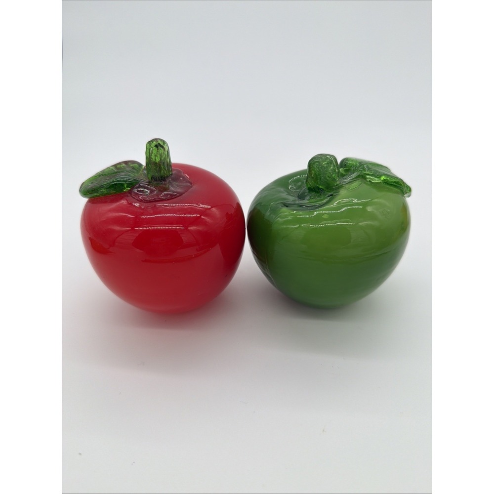Vintage Murano Style‎ Art Glass Apples Set of 2 Green And Red Fruit